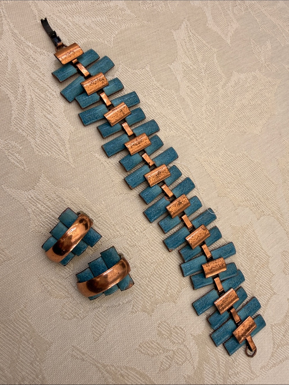 Matisse by Renoir MCM Copper and Blue Enamel Bracelet Earring Peter Pan Set